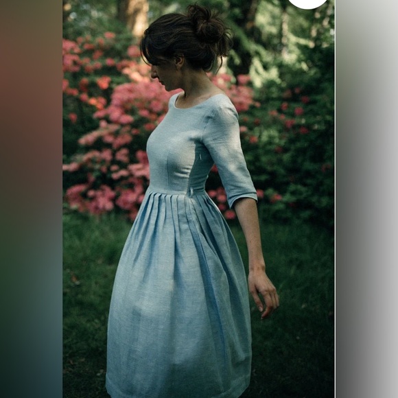 MRSPOMERANZ Custom-made handmade pure linen fit flare light blue dress - Picture 15 of 15